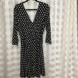 Lascana Double V Faux Wrap Black w/White Dots Dress, Size 14